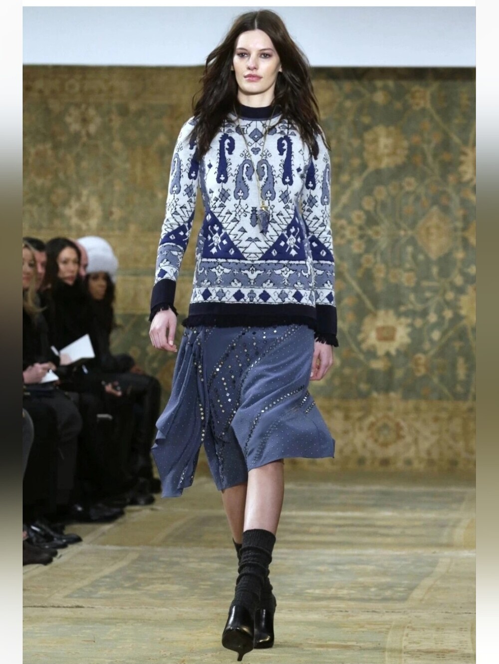 Tory Burch Malibu Blue Fringe Wool Lisbon Runway Sweater